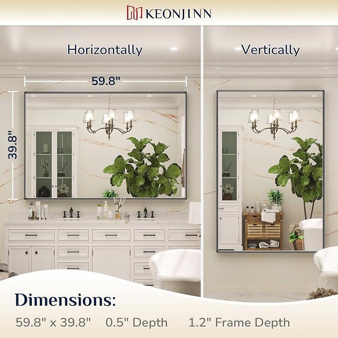 Keonjinn 60x40 Inch Black Bathroom Mirror for Over Sink, Rectangular | HD Tempered Glass, Vanity Mirror, Brushed Framed, Square Corner, Modern Farmhouse, Wall Mounted Mirrors, Aluminum Alloy