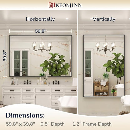 Keonjinn 60x40 Inch Black Bathroom Mirror for Over Sink, Rectangular | HD Tempered Glass, Vanity Mirror, Brushed Framed, Square Corner, Modern Farmhouse, Wall Mounted Mirrors, Aluminum Alloy