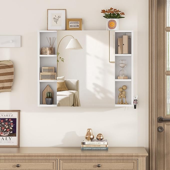 Hzuaneri Bathroom Cabinet with Mirror, Wall Cabinet with Storage Space | Wall Mounted with Reversible Install Storage Space,6 Open Compartments,3 Hidden Storage Shelves,Hooks,6.5"Dx25.6"Wx 31.5"H