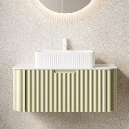 Yayzy 36" Floating Bathroom Vanity with Sink, Solid Wood Fluted Cabinet, White Fluted Square Ceramic Basin & Faux Marble Top, Soft-Close Drawer, Pre-Assembled, Light Green