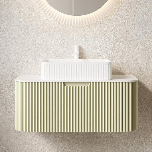 Yayzy 36" Floating Bathroom Vanity with Sink, Solid Wood Fluted Cabinet, White Fluted Square Ceramic Basin & Faux Marble Top, Soft-Close Drawer, Pre-Assembled, Light Green