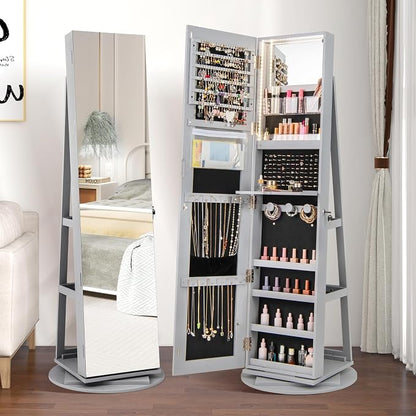CHARMAID 360° Swivel Jewelry Armoire with Full Length Mirror, Rear Storage Shelves, Lockable Standing Jewelry Cabinet Organizer with Interior Vanity Mirror and 3-Color Lights (Gray)