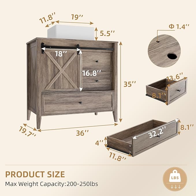 VNN Bathroom Vanity with Sink - 36 Inch Bathroom Vanity with Sink Ceramic, Freestanding Cabinet with Farmhouse Sliding Barn Door and 3 Drawers, Space-Saving Storage Cabinet, Wood Grain Texture, Grey