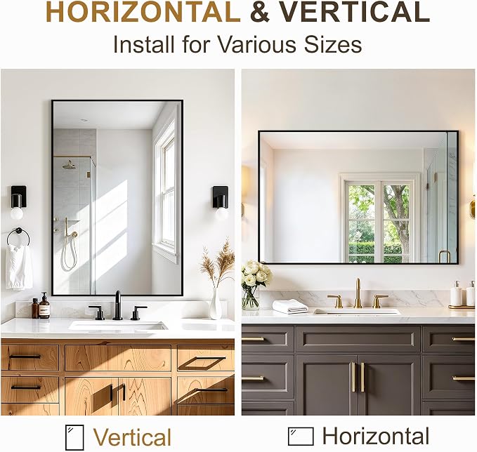 Rectangular Bathroom Mirror, 36"x24" Black Metal Framed Vanity Mirror | HD Shatterproof Wall Mirror, Horizontal or Vertical Hanging, Easy Installation for Bathroom, Bedroom, Living Room, Entryway
