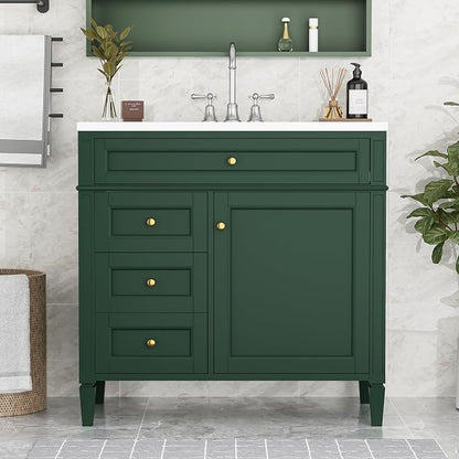 Merax 36 Inch Bathroom Vanity with Top Sink, Modern Bathroom Storage Cabinet with 2 Drawers and a Tip-Out Drawer, Solid Wood Frame Single Sink Bath Vanities, Green