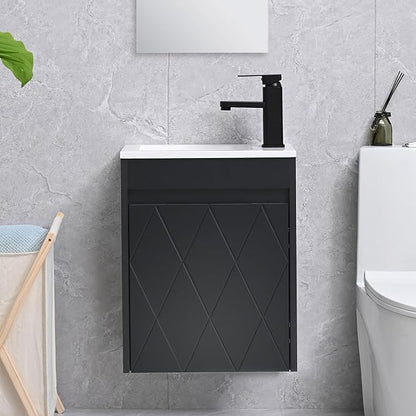 16" Bathroom Vanity Sink Combo for Small Space, Wall Mounted Bathroom Cabinet Set with White Resin Basin Sink Top Black Faucet Pop Up Drain Black