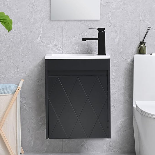 16" Bathroom Vanity Sink Combo for Small Space, Wall Mounted Bathroom Cabinet Set with White Resin Basin Sink Top Black Faucet Pop Up Drain Black