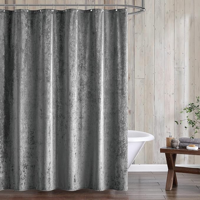 Fredsure Distressed Velvet Shower Curtain Set, 13 Pieces Grey Including 1 Piece 72"x72" Shower Curtain and 12 Pieces Silver Hooks