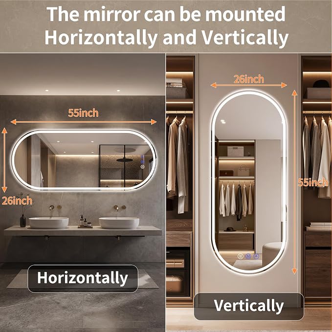 Oval LED Bathroom Mirror, 26"x 55" Led Full Length Mirror | Frameless Large LED Mirror with Front Light & Backlit, Anti-Fog, Dimmable Wall Mounted Lighted Mirror, Smart Bathroom Mirror