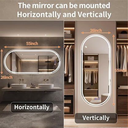 Oval LED Bathroom Mirror, 26"x 55" Led Full Length Mirror | Frameless Large LED Mirror with Front Light & Backlit, Anti-Fog, Dimmable Wall Mounted Lighted Mirror, Smart Bathroom Mirror