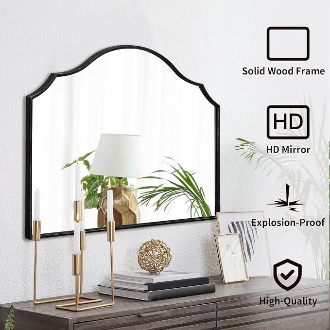 Besdomus Black Wooden Vanity Mirror: 32"x24" Bathroom Mirrors for Over Sink | Scalloped Modern Minimalist Decorative Wall Mirror for Dresser/Mantel/Bedroom/Entryway/Fireplace/Nightstand/Dining Room