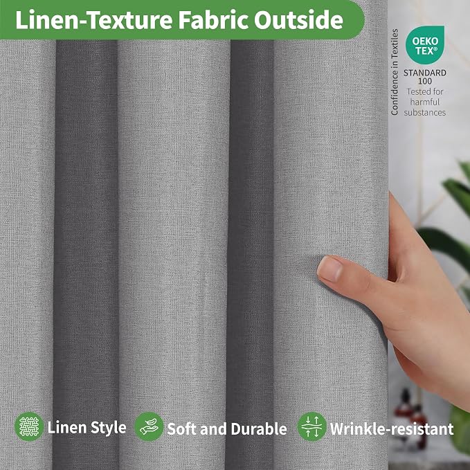 Long No Hooks & No Liner Needed Fabric Shower Curtain,71"Wx80"L,Grey | Linen Texture,100% Waterproof TPU Laminated Layer,Bottom Magnets,Machine Washable,Hotel Style Bathroom Curtain For Shower,Tub