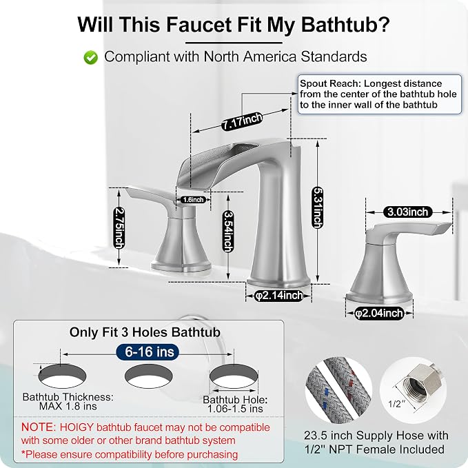 3 Hole Roman Tub Faucet Waterfall Brass Brushed Nickel Bathtub Faucet Set, High Flow 6-16 Inch Deck Mount Faucet for Bathtub, 2 Handle Bath Tub Faucets with Supply Water Hoses for Classic