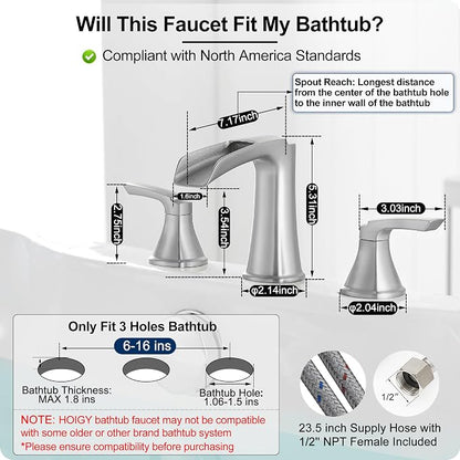 3 Hole Roman Tub Faucet Waterfall Brass Brushed Nickel Bathtub Faucet Set, High Flow 6-16 Inch Deck Mount Faucet for Bathtub, 2 Handle Bath Tub Faucets with Supply Water Hoses for Classic