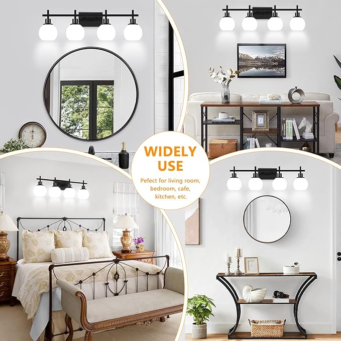 4-Light Modern Vanity Lighting Fixtures, Bathroom Wall Mounted Vanity Light,Black Bathroom Lighting Fixtures Over Mirror with Milky White Glass Lampshade for Bedroom, Living Room