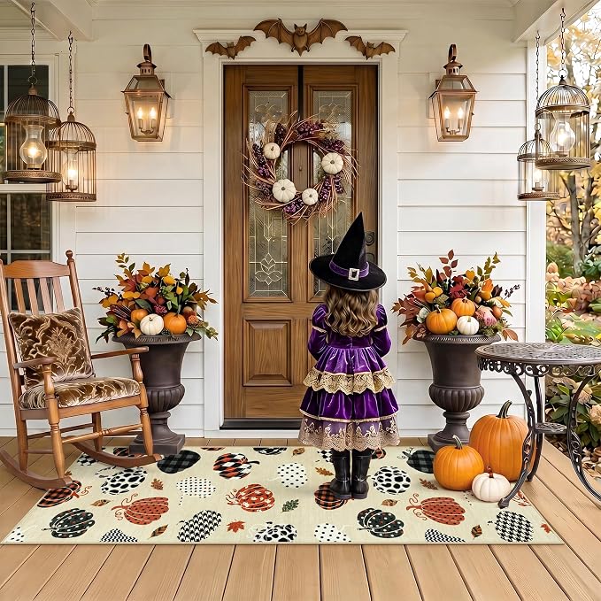 2x6 Beige Halloween Fall Pumpkin Print Hallway Runner Rug for Kitchen | Washable Non-Slip Low-Pile Autumn Thanksgiving Rug for Hallway, Entryway, Bedroom, Bathroom, Halloween Home Decor Indoor Rug