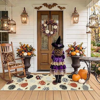 2x6 Beige Halloween Fall Pumpkin Print Hallway Runner Rug for Kitchen | Washable Non-Slip Low-Pile Autumn Thanksgiving Rug for Hallway, Entryway, Bedroom, Bathroom, Halloween Home Decor Indoor Rug