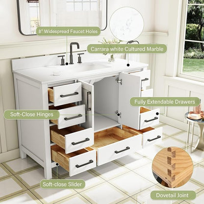 48-Inch Bathroom Vanity with Sink, 2 Soft-Close Doors and 9 Soft-Close Drawers, Bathroom Freestanding Vanity with Cultured Marble Countertop, Bathroom White Vanity with Matte Black Handles