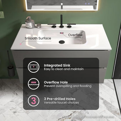 36" Bathroom Vanity with Sink, Modern Floating Vanity with Double Soft-Closing Drawers, Large Storage for Small Space, Space Gray, Fully Assembled - Iris Collection