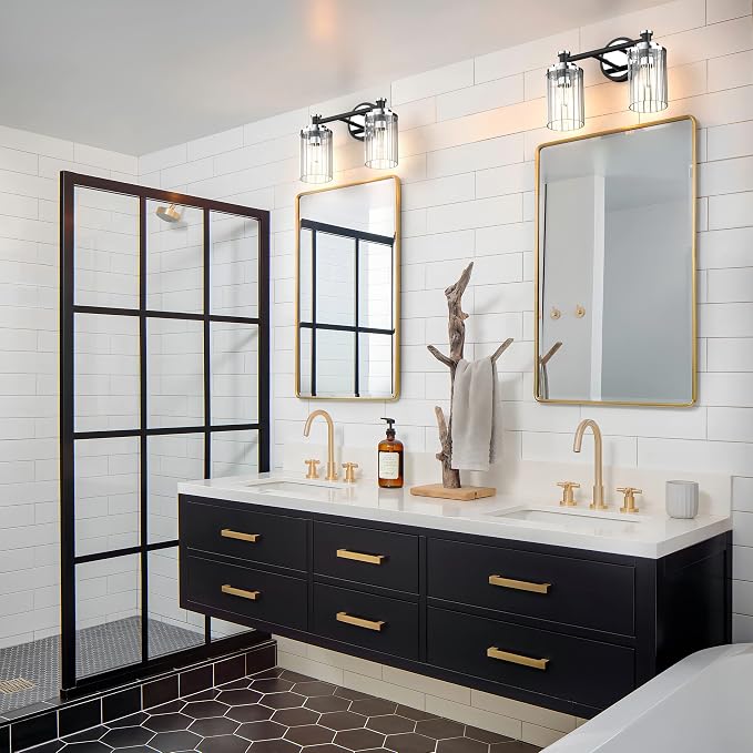 Bathroom Lighting Fixtures Black and Chrome Bathroom Vanity Light with Cylindrical Clear Stripes Glass Lampshade E26 Socket Base Bathroom Lighting Fixtures Over Mirror (2 Lights)