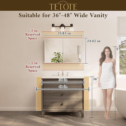 TETOTE 36 x 24 Medicine Cabinet with Tempered Beveled Mirror White Medicine Cabinet Mirror Aluminum Cabinet DTC Hinges, Stepless Adjustable Shelves, Recessed/Surface-Mounted