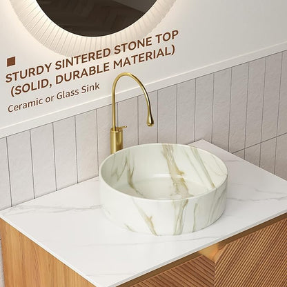Floating Bathroom Vanity with Sink, 30 Inch Fluted Vanity with Vessel Sink, Modern Bathroom Vanity Cabinet with 2 Doors, White Ceramic Sink with Stone Pattern & Sintered Stone Top, Oak