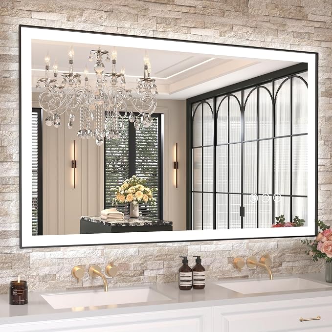 LED Bathroom Mirror with Black Frame, 48" X30" | Front Light and Backlit(Controlled Separately), Stepless Dimmable, Anti-Fog, Shatter-Proof, 3 Colors, Memory