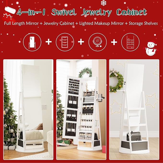 Mirror Jewelry Cabinet Standing, 360° Swivel Jewelry Armoire | with Drawer LED Lights, Lockable Jewelry Organizer with Storage Shelves
