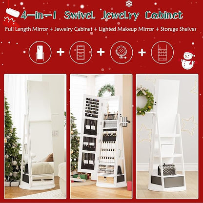 Mirror Jewelry Cabinet Standing, 360° Swivel Jewelry Armoire | with Drawer LED Lights, Lockable Jewelry Organizer with Storage Shelves
