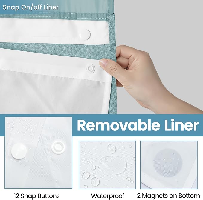 EUTXL Heavyweight Waffle No Hook Shower Curtain with Liner, Fog Blue, 71x74 | Snap in Liner, 256GSM, Thick, Hotel Luxury Spa, Waterproof Fabric, Corner Magnets, 3 in 1 Set, Washable, Hang in Seconds