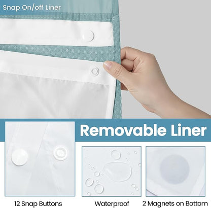 EUTXL Heavyweight Waffle No Hook Shower Curtain with Liner, Fog Blue, 71x74 | Snap in Liner, 256GSM, Thick, Hotel Luxury Spa, Waterproof Fabric, Corner Magnets, 3 in 1 Set, Washable, Hang in Seconds