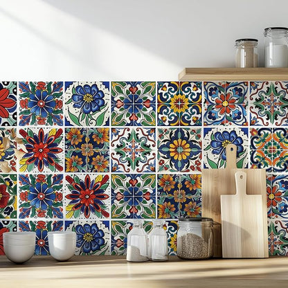 30 Pcs Mediterranean Style Peel and Stick Wall Tile Decals - Waterproof Vinyl Stickers for Kitchen Backsplash, Bathroom, Stair Riser Decor - Spanish Floral Pattern - 4x4 Inch
