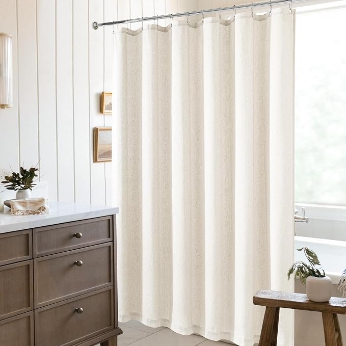 Cream Linen Shower Curtain for Bathroom Water Repellent 72x108 Inch | Extra Long, Extra Tall, Large, Shower Curtains 108 Inches Long, Hotel, Luxury Neutral, Ivory, Fabric Drapes, with Hooks Set