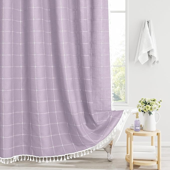 Lavender Boho Farmhouse Shower Curtain for Bathroom 72x72 | 320 GSM French Country Plaid Tassel Shower Curtain, Rustic Aesthetic Bathroom Decor Windows Curtain