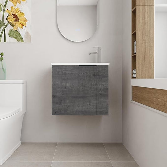 22 Inch Bathroom Vanity with Sink, 22" Wall Mounted Vanity Sink Combo for Small Space, Modern Bathroom Cabinet Set with Ceramic Basin Sink Top and Soft-Closing Door, Plaid Grey Oak