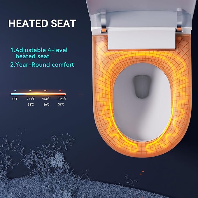 MEJE #Q2Q - Basic Smart Function Toilet with Built-in Heated Seat, Elongated Tankless Toilet with Auto Flushing, Foot Sensor Flushing, Adjustable Seat Temperature, Flush Remote Control, Night Light
