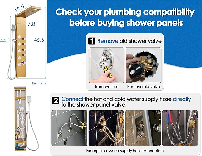 ROVOGO Gold Shower Panel Tower System with 4 Simultaneous Functions: Rainfall, Waterfall, Body Jets and Handheld, 304 Stainless Steel Shower Column Wall-Mount