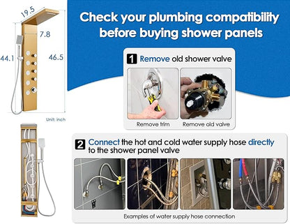 ROVOGO Gold Shower Panel Tower System with 4 Simultaneous Functions: Rainfall, Waterfall, Body Jets and Handheld, 304 Stainless Steel Shower Column Wall-Mount