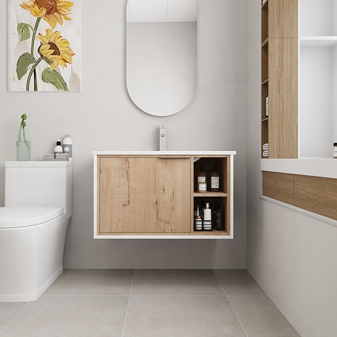 30 Inch Bathroom Vanity with Sink, 30" Single Sink Wall Mounted Bathroom Vanities with Open Storage Space and Ceramic Basin Top, Modern Bath Storage Cabinet Set for Small Space, Imitative Oak