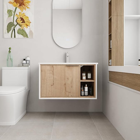 30 Inch Bathroom Vanity with Sink, 30" Single Sink Wall Mounted Bathroom Vanities with Open Storage Space and Ceramic Basin Top, Modern Bath Storage Cabinet Set for Small Space, Imitative Oak