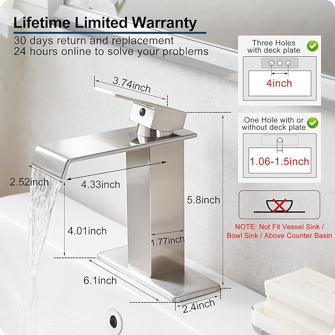 Brass Brushed Nickel Waterfall Faucet, Single Handle Bathroom Faucet, 4 Inch - 1 or 3 Hole with Deck Plate & Pop-Up Drain