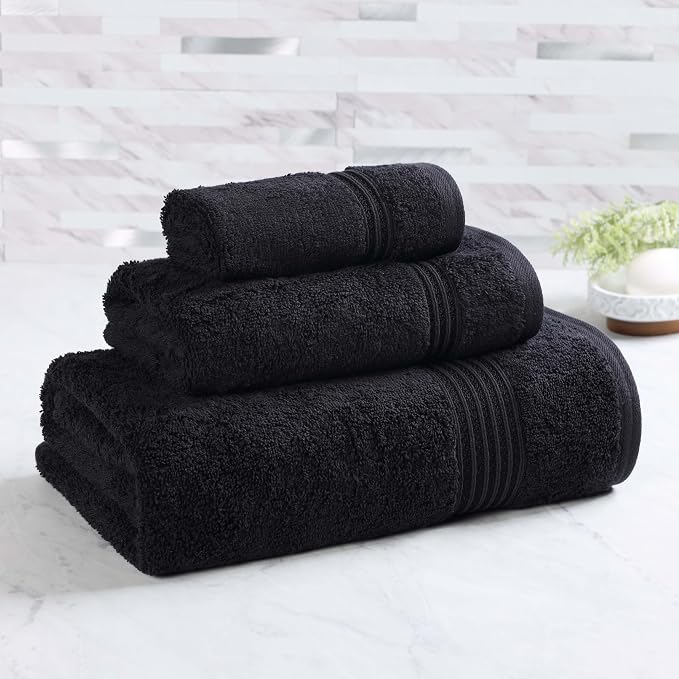 SUPERIOR Egyptian Cotton 3-Piece Towel Set, Basic Towels for Bathroom, Home Decor, Guest Bath, Shower, Apartment, Included 1 Face, 1 Hand, 1 Bath Towel, Washcloth, Quick Dry, Black