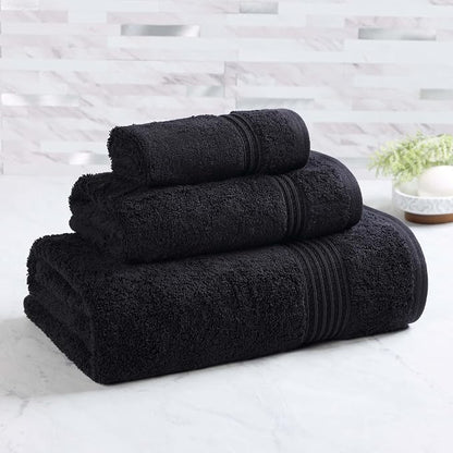 SUPERIOR Egyptian Cotton 3-Piece Towel Set, Basic Towels for Bathroom, Home Decor, Guest Bath, Shower, Apartment, Included 1 Face, 1 Hand, 1 Bath Towel, Washcloth, Quick Dry, Black