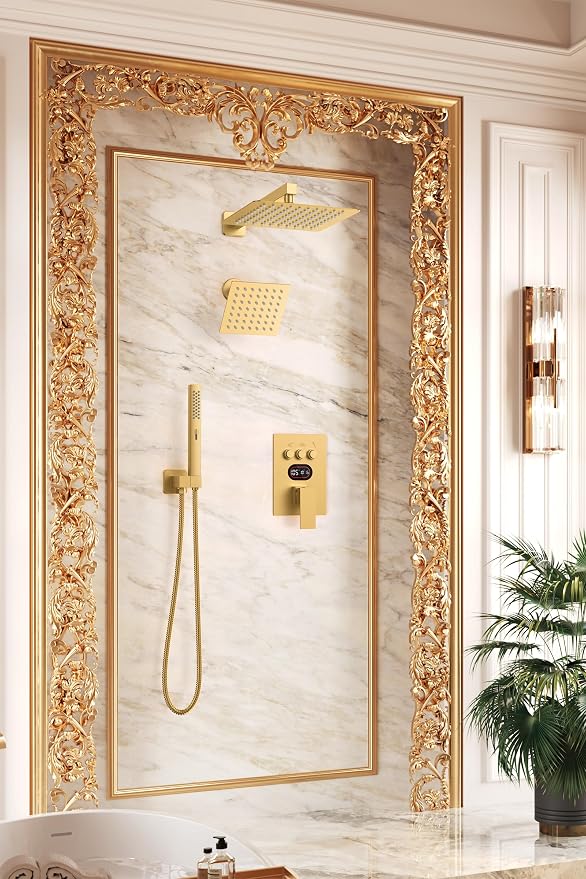 Longriver 3-Push Button Shower Faucet Set Hydro Power Temperature Display | Shower System Wall Mounted 10" & 6" Shower Head with 3-Spary Handheld, Shower Fixtures with Valve and Trim Kit, Brushed Gold