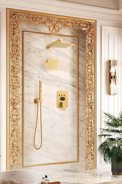 Longriver 3-Push Button Shower Faucet Set Hydro Power Temperature Display | Shower System Wall Mounted 10" & 6" Shower Head with 3-Spary Handheld, Shower Fixtures with Valve and Trim Kit, Brushed Gold