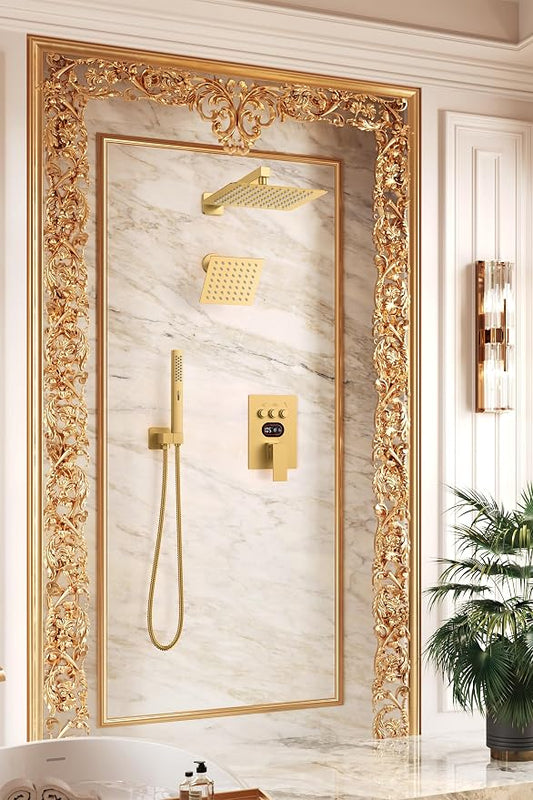 Longriver 3-Push Button Shower Faucet Set Hydro Power Temperature Display | Shower System Wall Mounted 10" & 6" Shower Head with 3-Spary Handheld, Shower Fixtures with Valve and Trim Kit, Brushed Gold