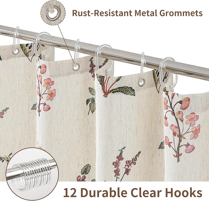 Colorful Star French Country Floral Linen Shower Curtain, 72" W x 72" L | Waterproof Shower Curtain Set with 12 Clear Hooks for Bathroom, Vintage Boho Farmhouse Linen Fabric Bathroom Curtains