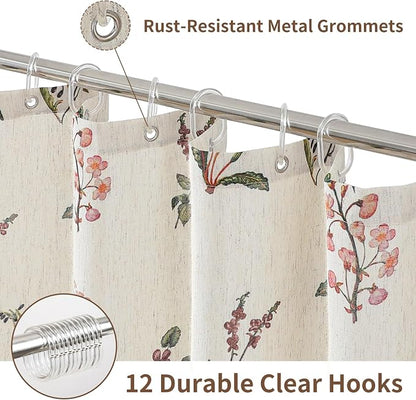 Colorful Star French Country Floral Linen Shower Curtain, 72" W x 72" L | Waterproof Shower Curtain Set with 12 Clear Hooks for Bathroom, Vintage Boho Farmhouse Linen Fabric Bathroom Curtains