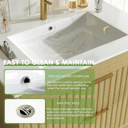 30" Bathroom Vanity with Sink, Floating Bathroom Vanity with 2 Fluted Drawers & Metal Handle, Wall Mounted Cabinets with Integrated Ceramic Sink for Apartment, Home, Wood Grain