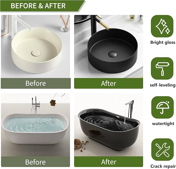 Black Ceramic Tub and Tile Refinishing Kit - Bathtub, Bathroom Wall, Countertop, Sink Paint - Easy to Use, Waterproof, Low Odor, No Toxic (32 FL Oz White 50-60 sq.ft)